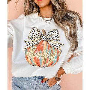 Beige Polka Dot Bow Knot Pumpkin Print Thanksgiving Sweatshirt