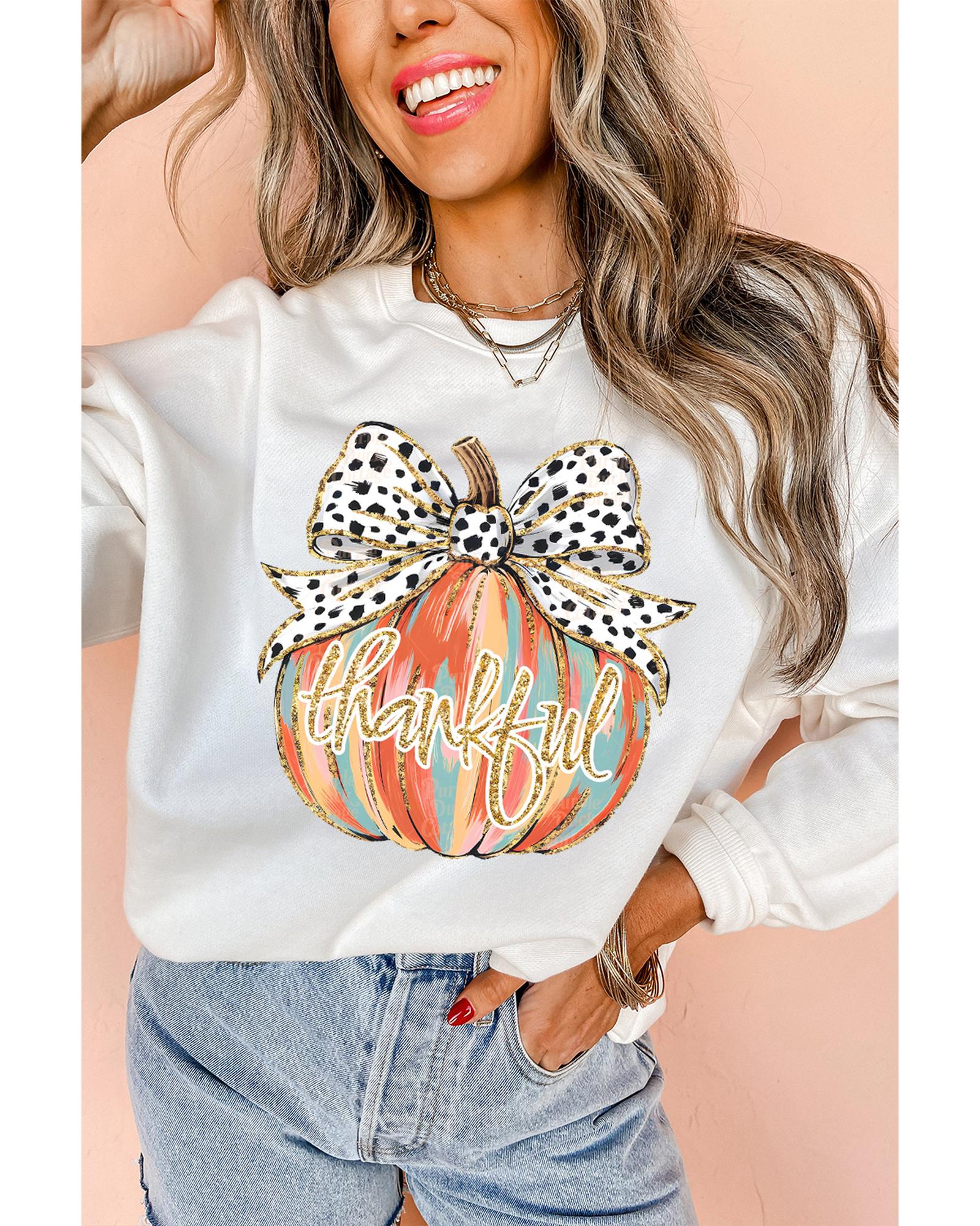 Beige Polka Dot Bow Knot Pumpkin Print Thanksgiving Sweatshirt