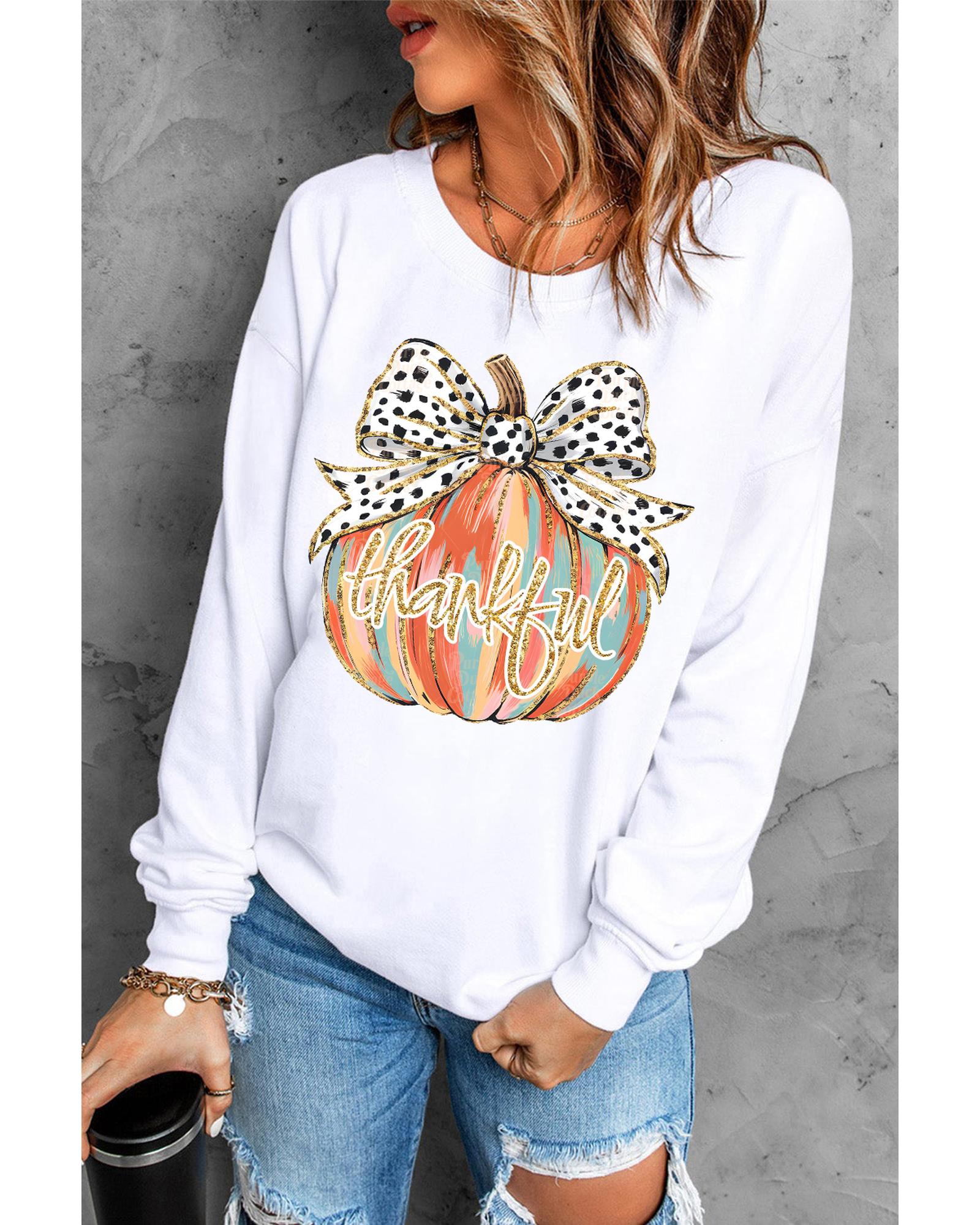 Beige Polka Dot Bow Knot Pumpkin Print Thanksgiving Sweatshirt - Image 2