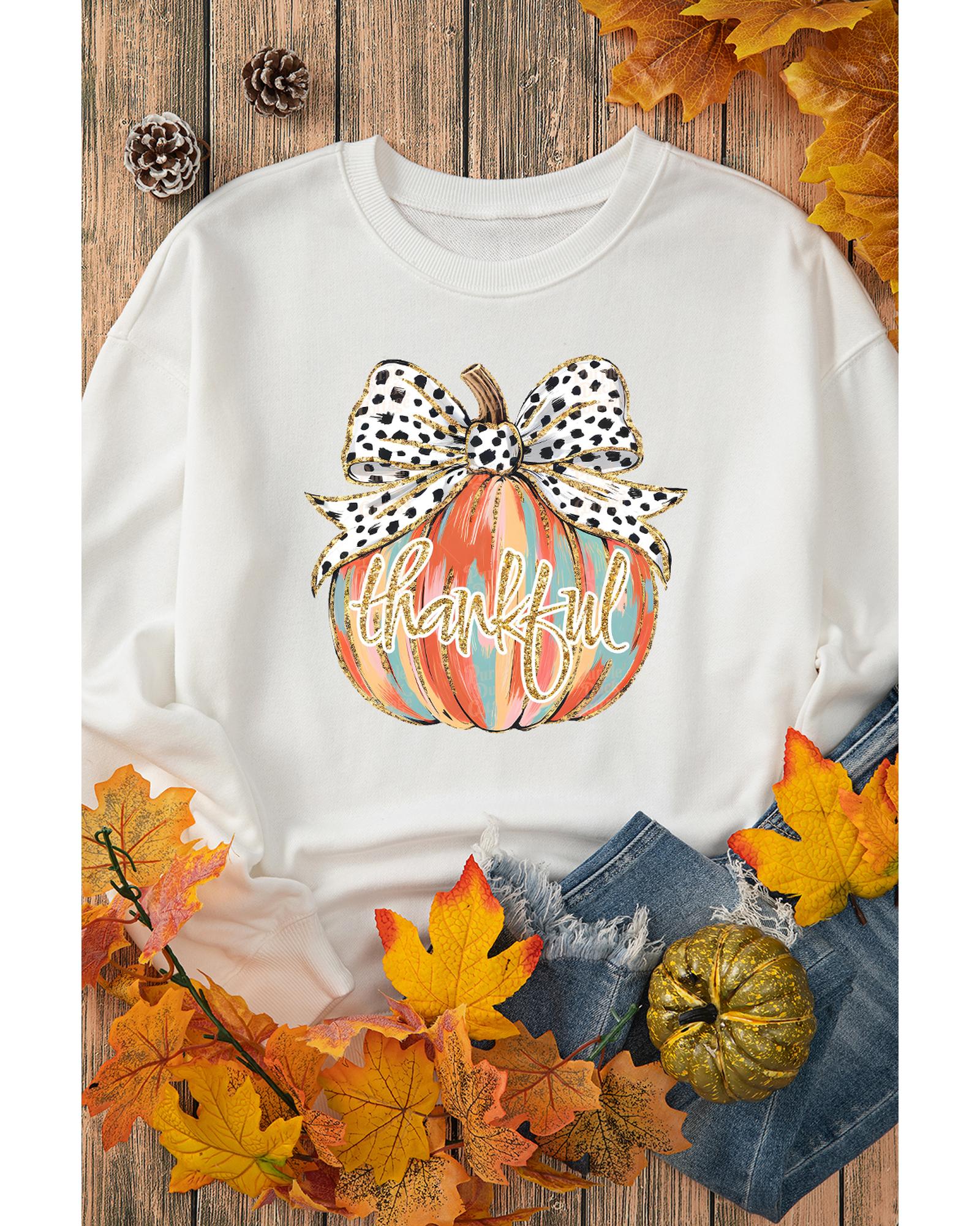 Beige Polka Dot Bow Knot Pumpkin Print Thanksgiving Sweatshirt - Image 5