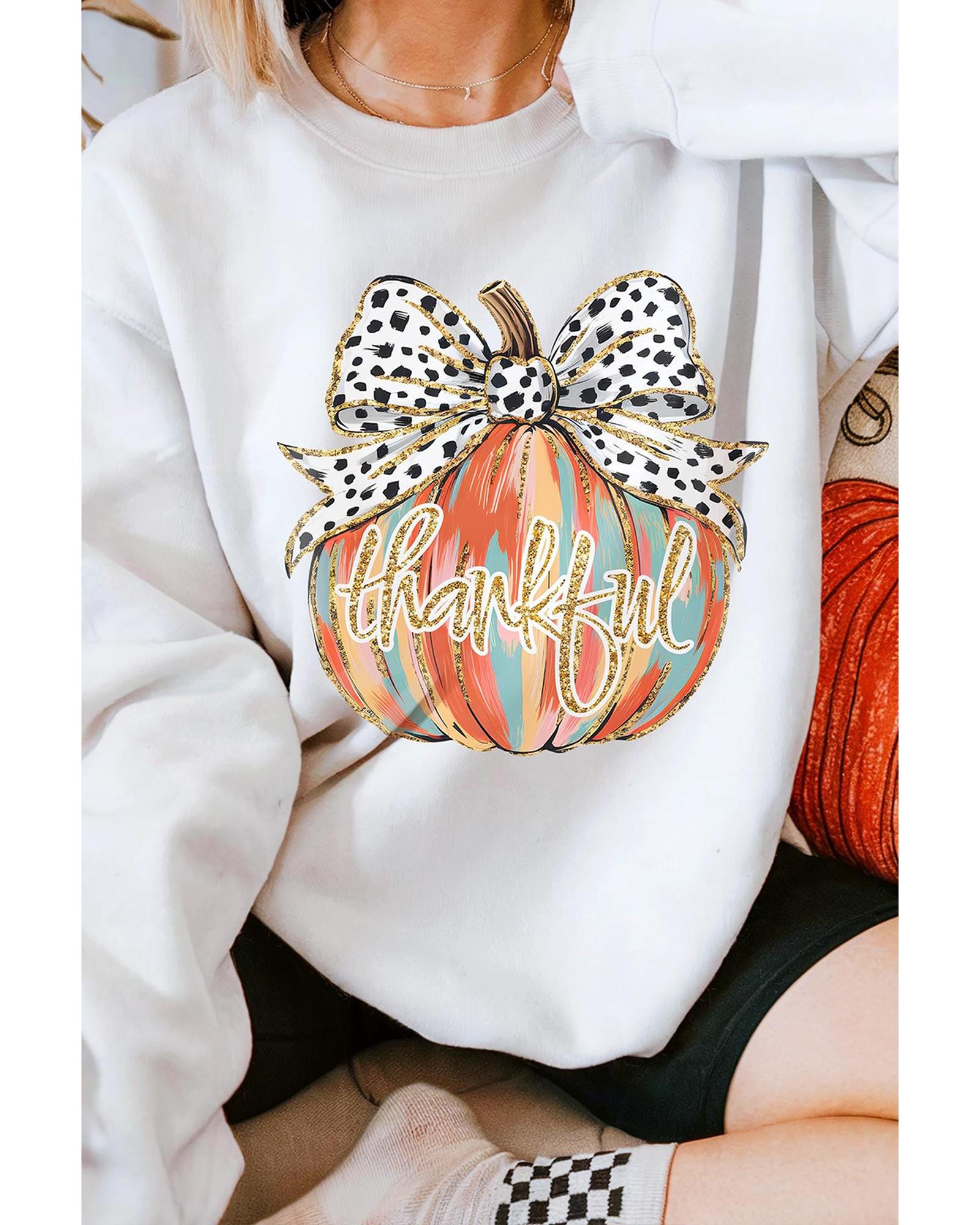 Beige Polka Dot Bow Knot Pumpkin Print Thanksgiving Sweatshirt - Image 6