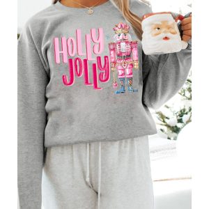 Gray HOLLY JOLLY Nutcracker Print Crew Neck Christmas Sweatshirt