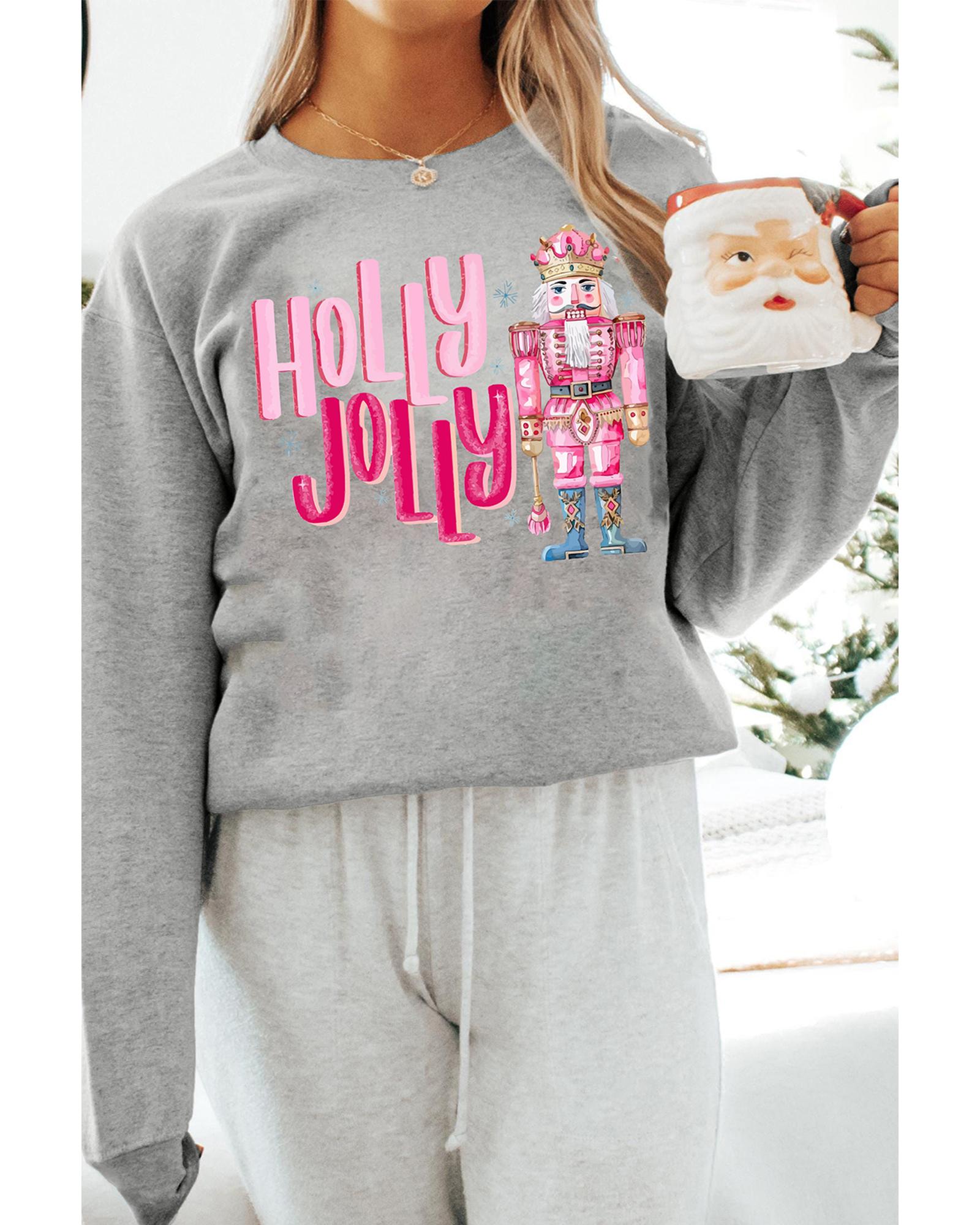 Gray HOLLY JOLLY Nutcracker Print Crew Neck Christmas Sweatshirt