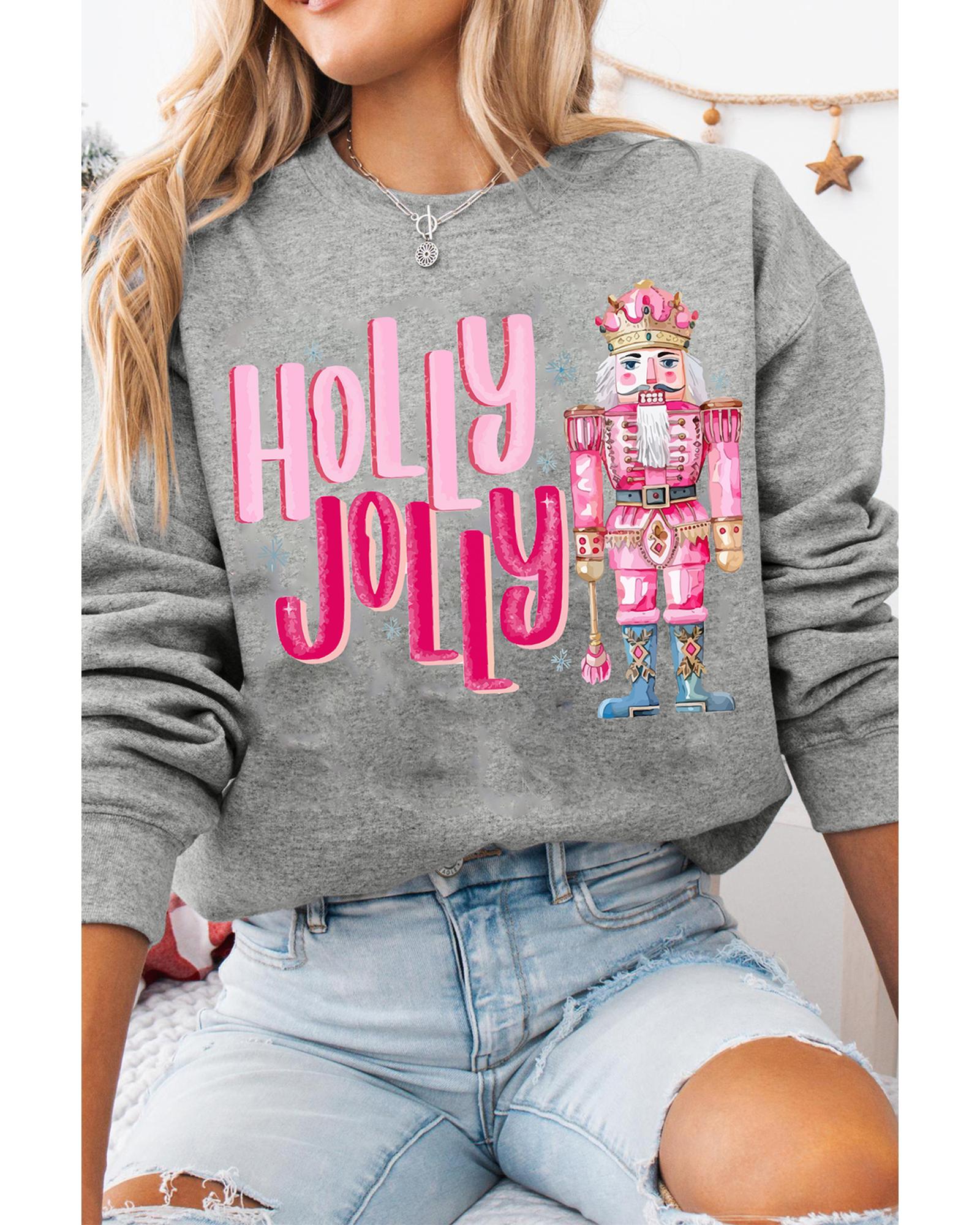 Gray HOLLY JOLLY Nutcracker Print Crew Neck Christmas Sweatshirt - Image 3