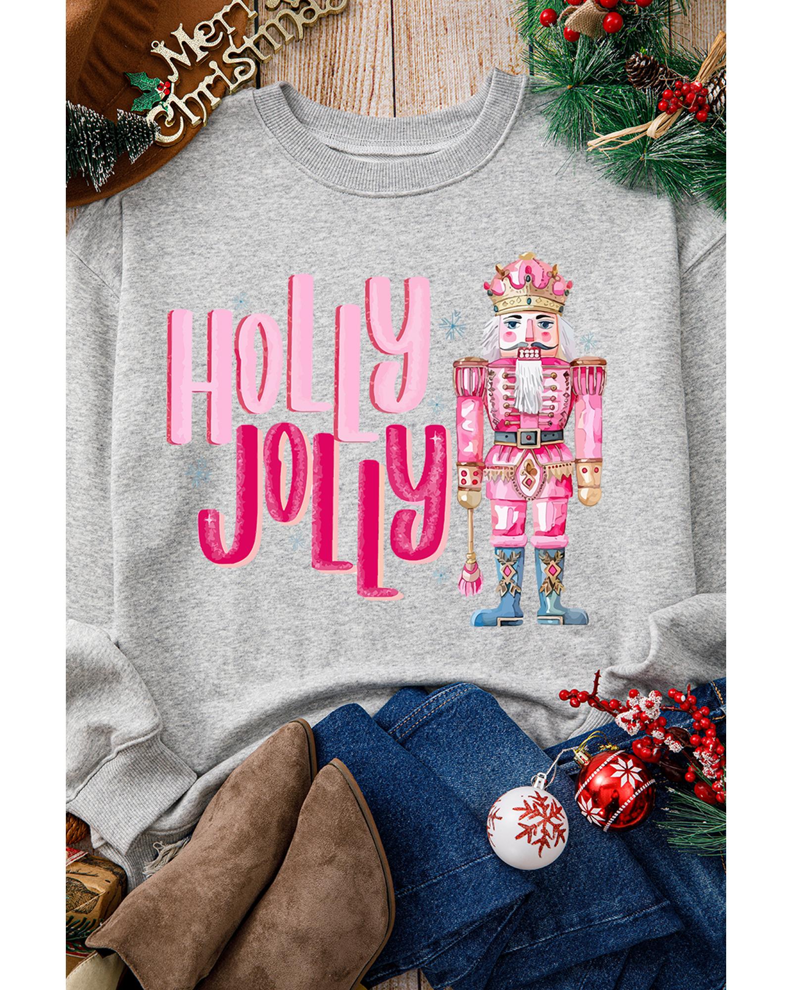 Gray HOLLY JOLLY Nutcracker Print Crew Neck Christmas Sweatshirt - Image 4