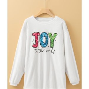 White JOY to the world Ribbed Crewneck Pullover Sweatshirt