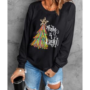 Black Merry & Bright Christmas Tree Graphic Sweatshirt