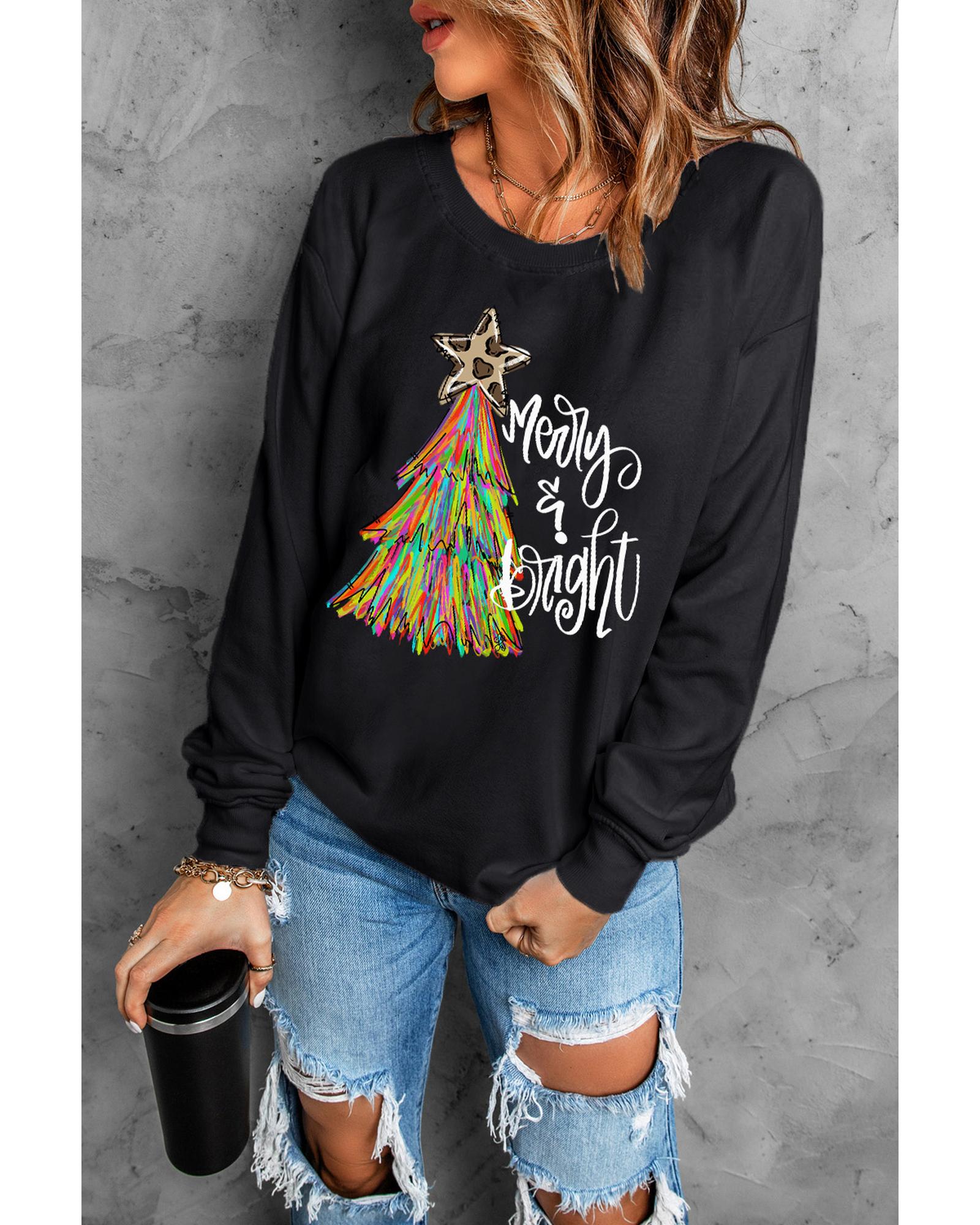 Black Merry & Bright Christmas Tree Graphic Sweatshirt