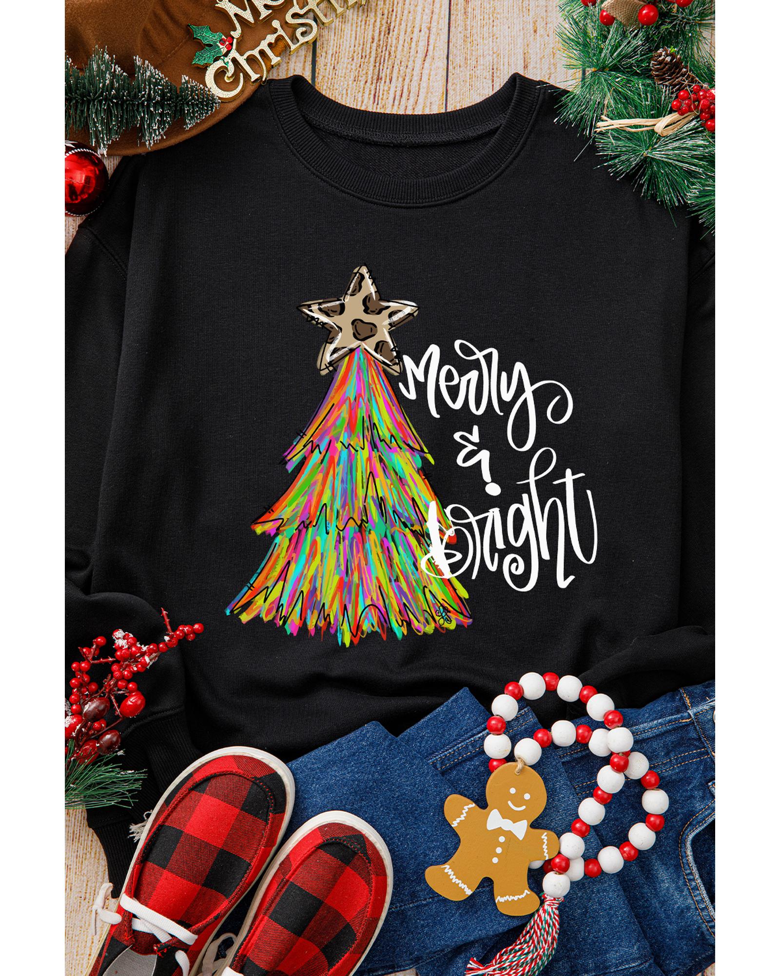 Black Merry & Bright Christmas Tree Graphic Sweatshirt - Image 2
