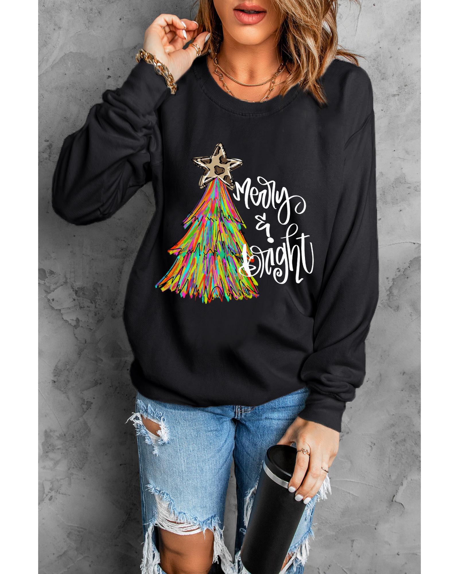 Black Merry & Bright Christmas Tree Graphic Sweatshirt - Image 4