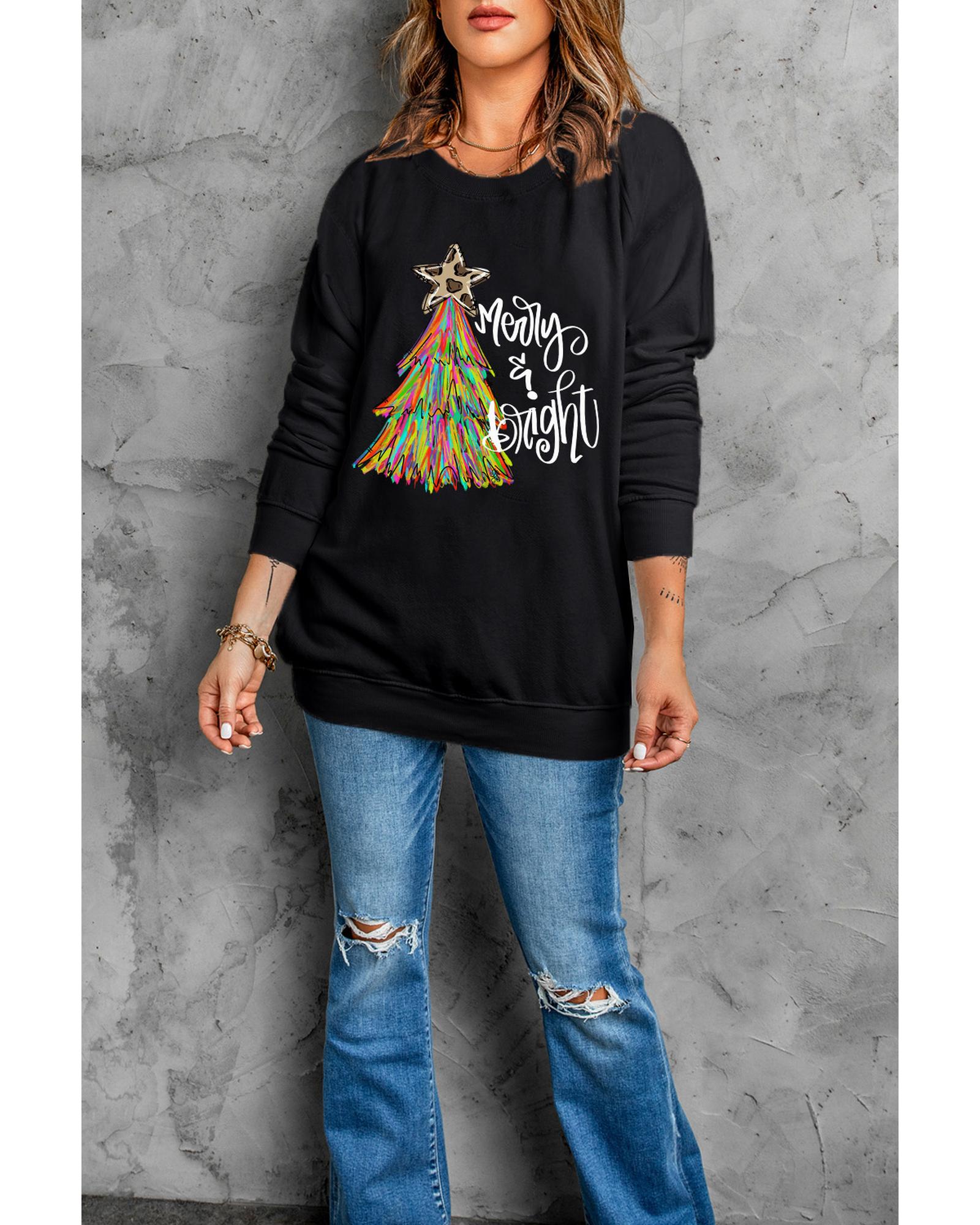 Black Merry & Bright Christmas Tree Graphic Sweatshirt - Image 5