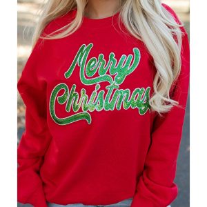 Red Merry Christmas Crewneck Drop Shoulder Loose Sweatshirt