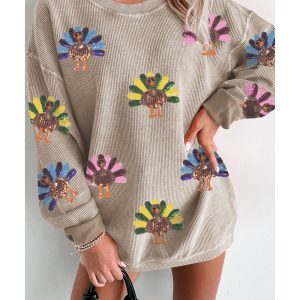 Smoke Gray Turkey Graphic Corded Baggy Sweatshirt