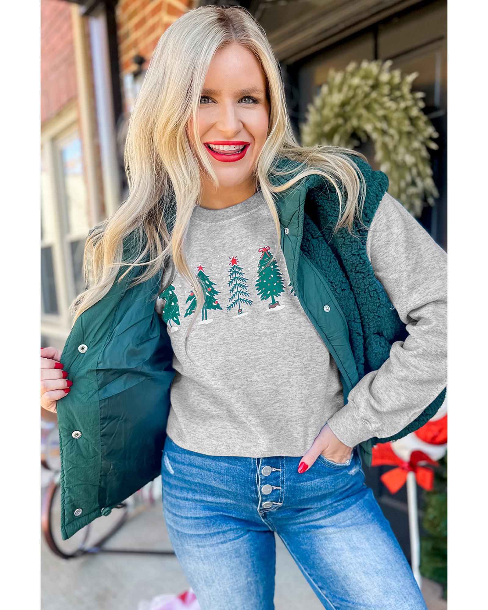 Gray 2-side Printed Christmas Tree Letter Graphic Sweatshirt - Image 7