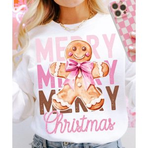 Beige Merry Christmas Gingerbread Man Graphic Sweatshirt