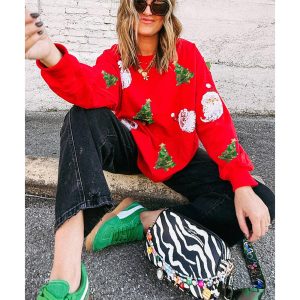 Red Santa Claus Christmas Tree Patched Pattern Drop Shoulder Sweatshirt