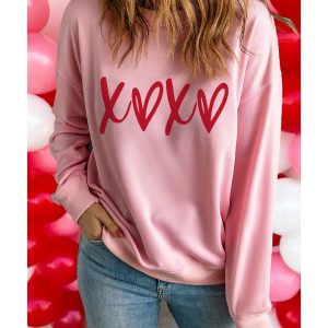 Pink Heart XOXO Graphic Crewneck Drop Shoulder Valentines Sweatshirt