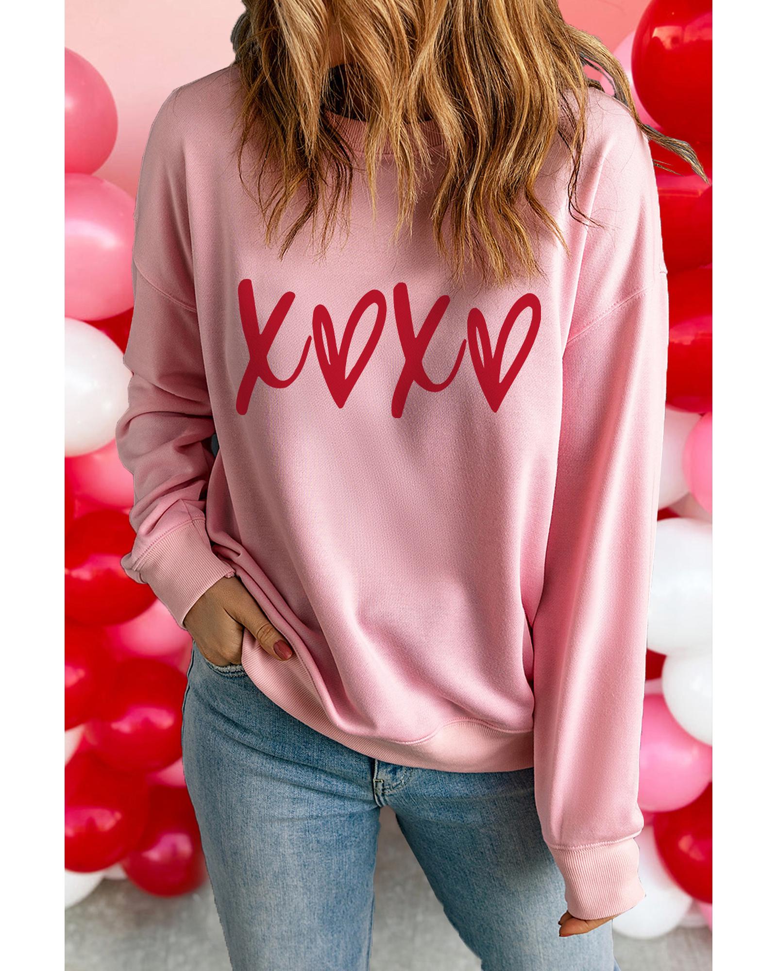 Pink Heart XOXO Graphic Crewneck Drop Shoulder Valentines Sweatshirt