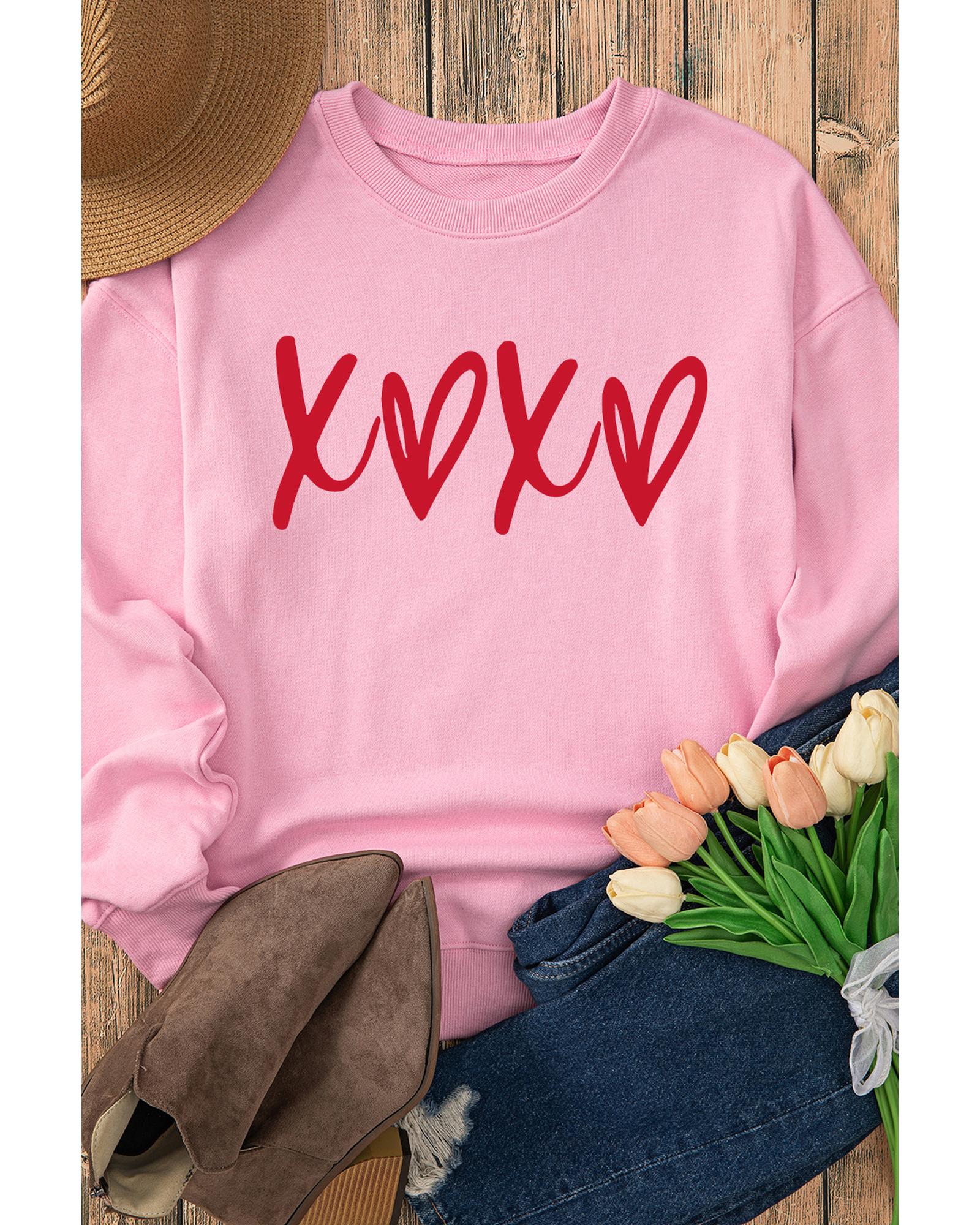 Pink Heart XOXO Graphic Crewneck Drop Shoulder Valentines Sweatshirt - Image 2