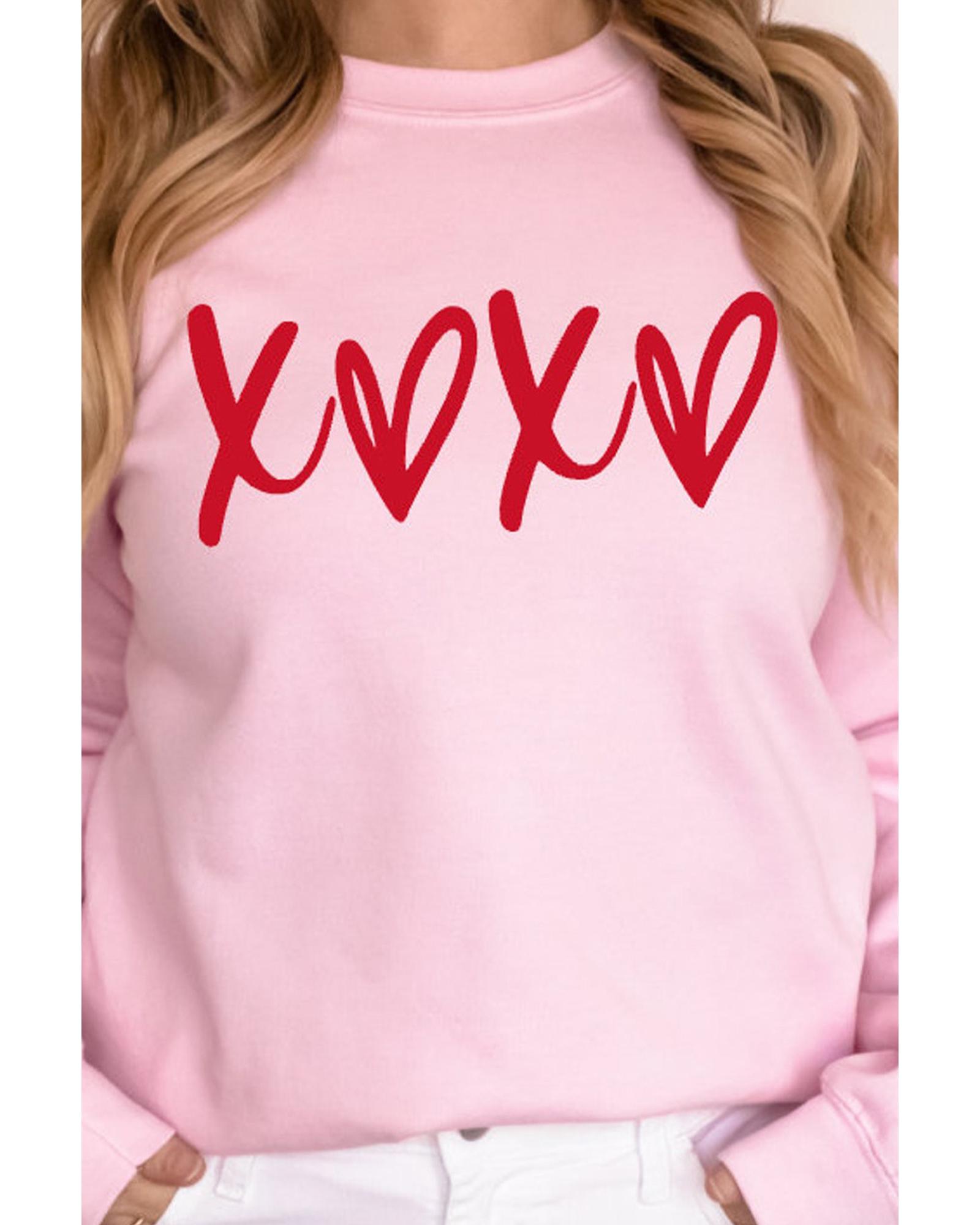 Pink Heart XOXO Graphic Crewneck Drop Shoulder Valentines Sweatshirt - Image 3