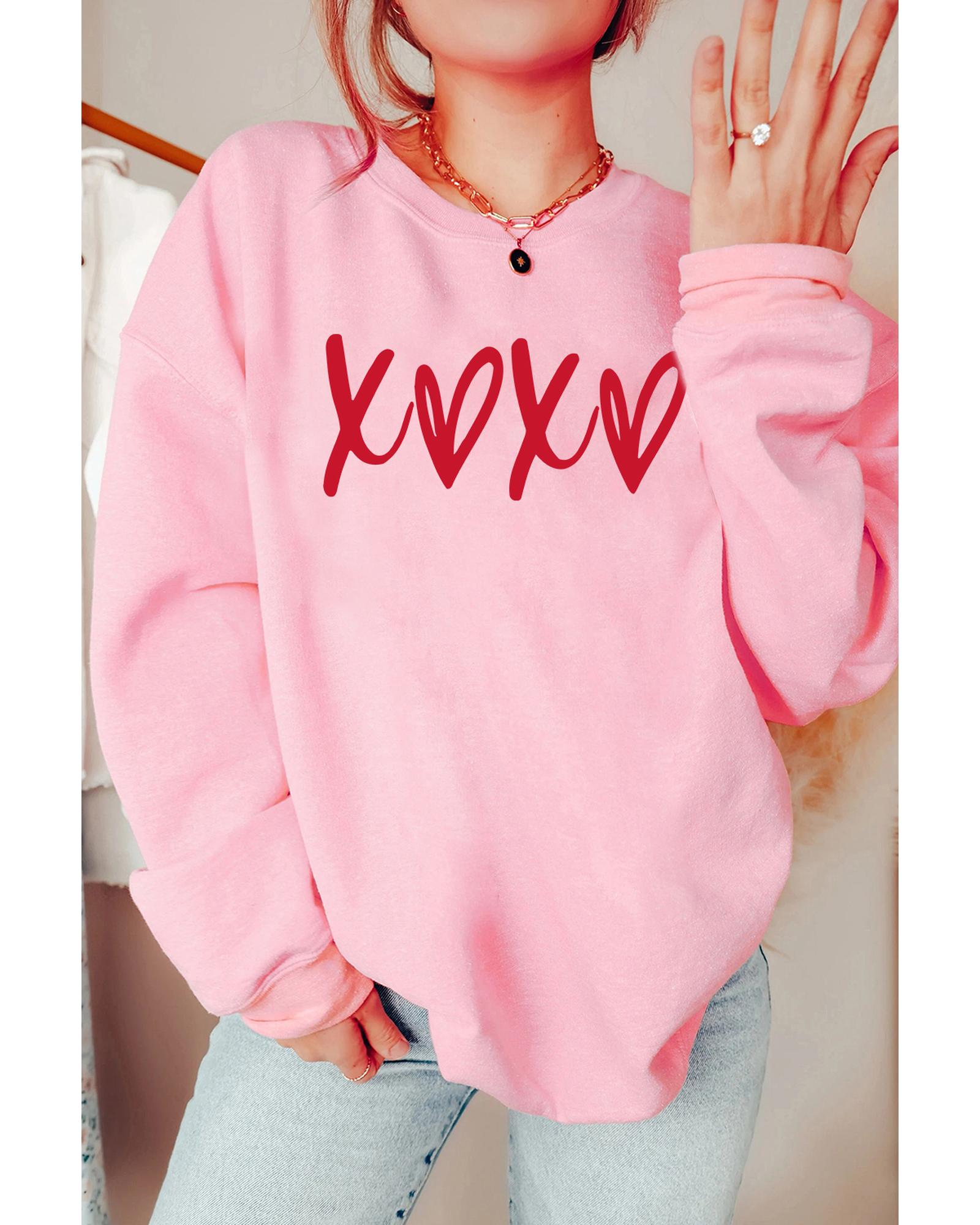 Pink Heart XOXO Graphic Crewneck Drop Shoulder Valentines Sweatshirt - Image 5