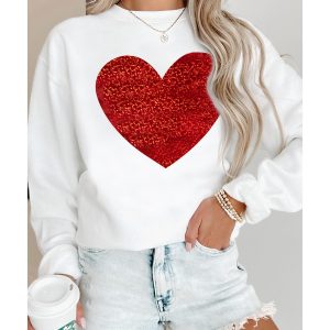 Beige Glitter Valentine Heart Shape Graphic Sweatshirt