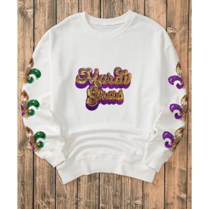 Beige Sequin Mardi Gras Patched Pattern Fleur de Lis Sleeve Sweatshirt
