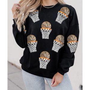 Black Basketball Patched Game Day Crew Neck Graphic Sweatshirt