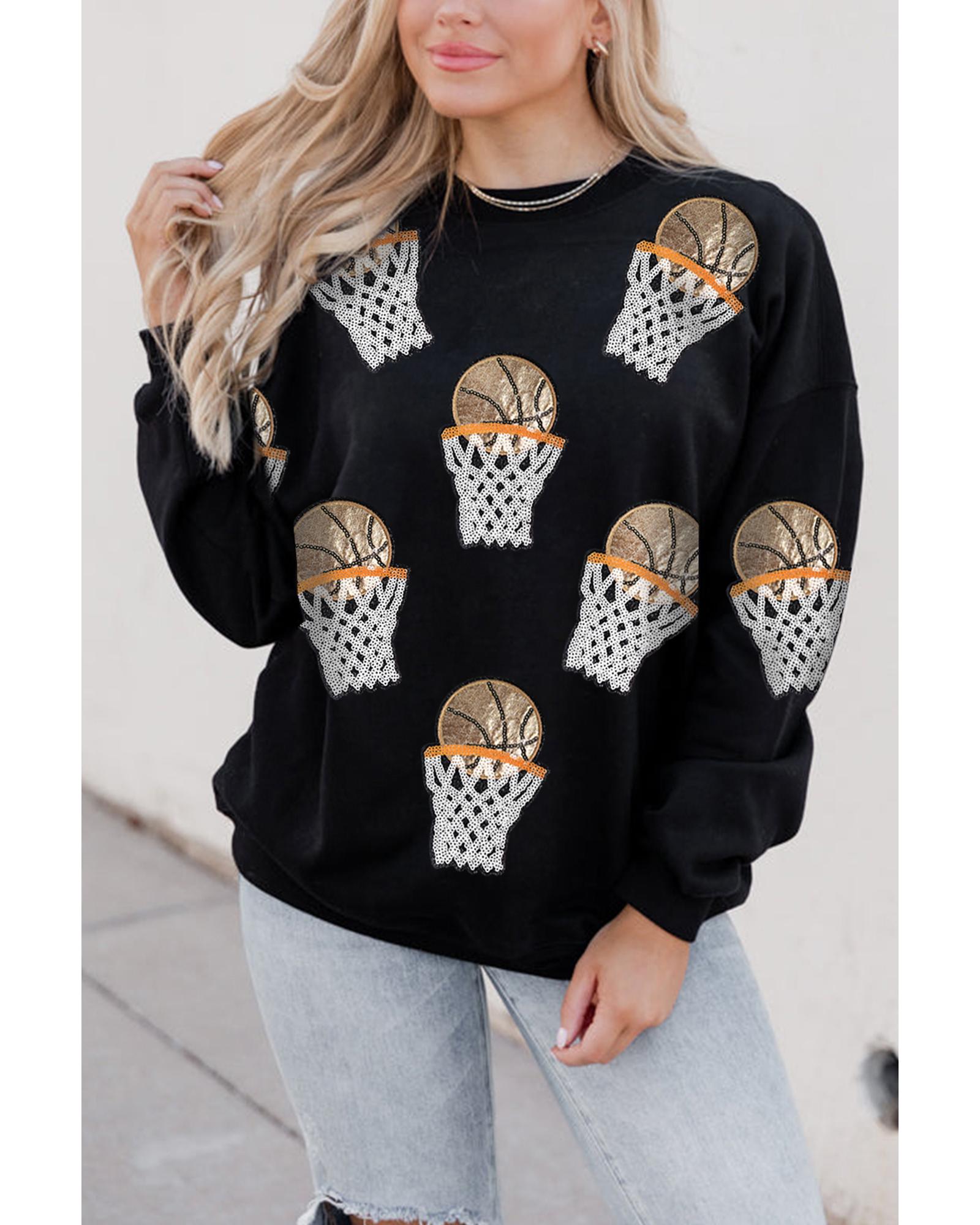 Black Basketball Patched Game Day Crew Neck Graphic Sweatshirt