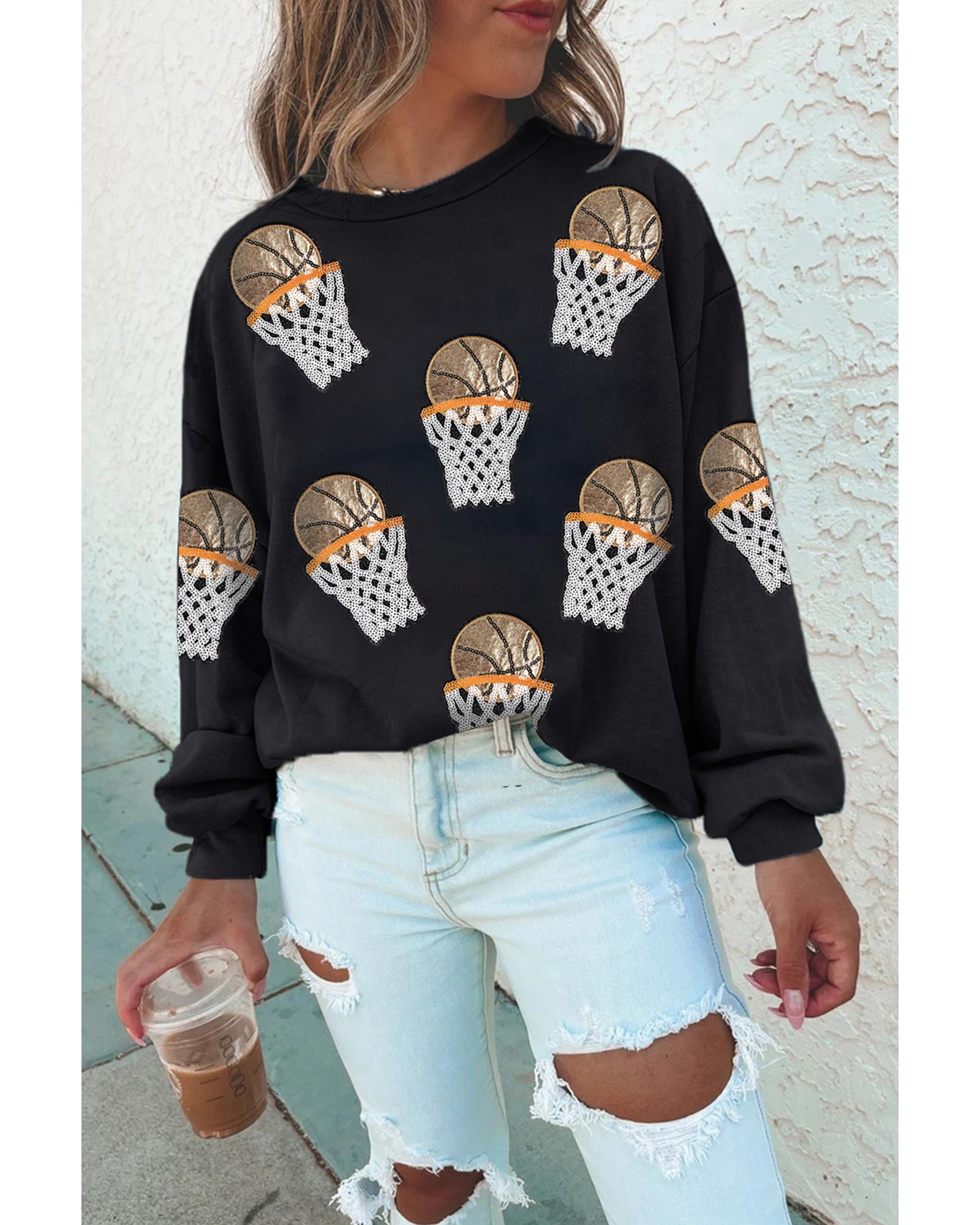 Black Basketball Patched Game Day Crew Neck Graphic Sweatshirt - Image 2