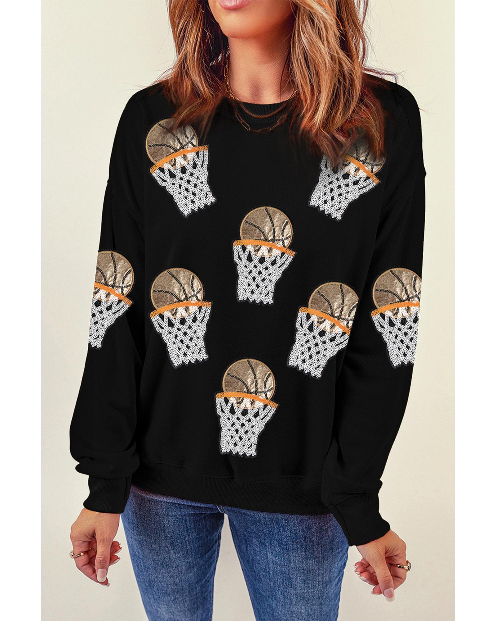 Black Basketball Patched Game Day Crew Neck Graphic Sweatshirt - Image 4