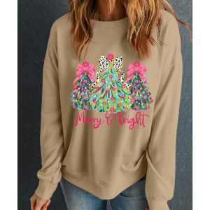 Khaki Merry & Bright Christmas Tree Print Pullover Sweatshirt