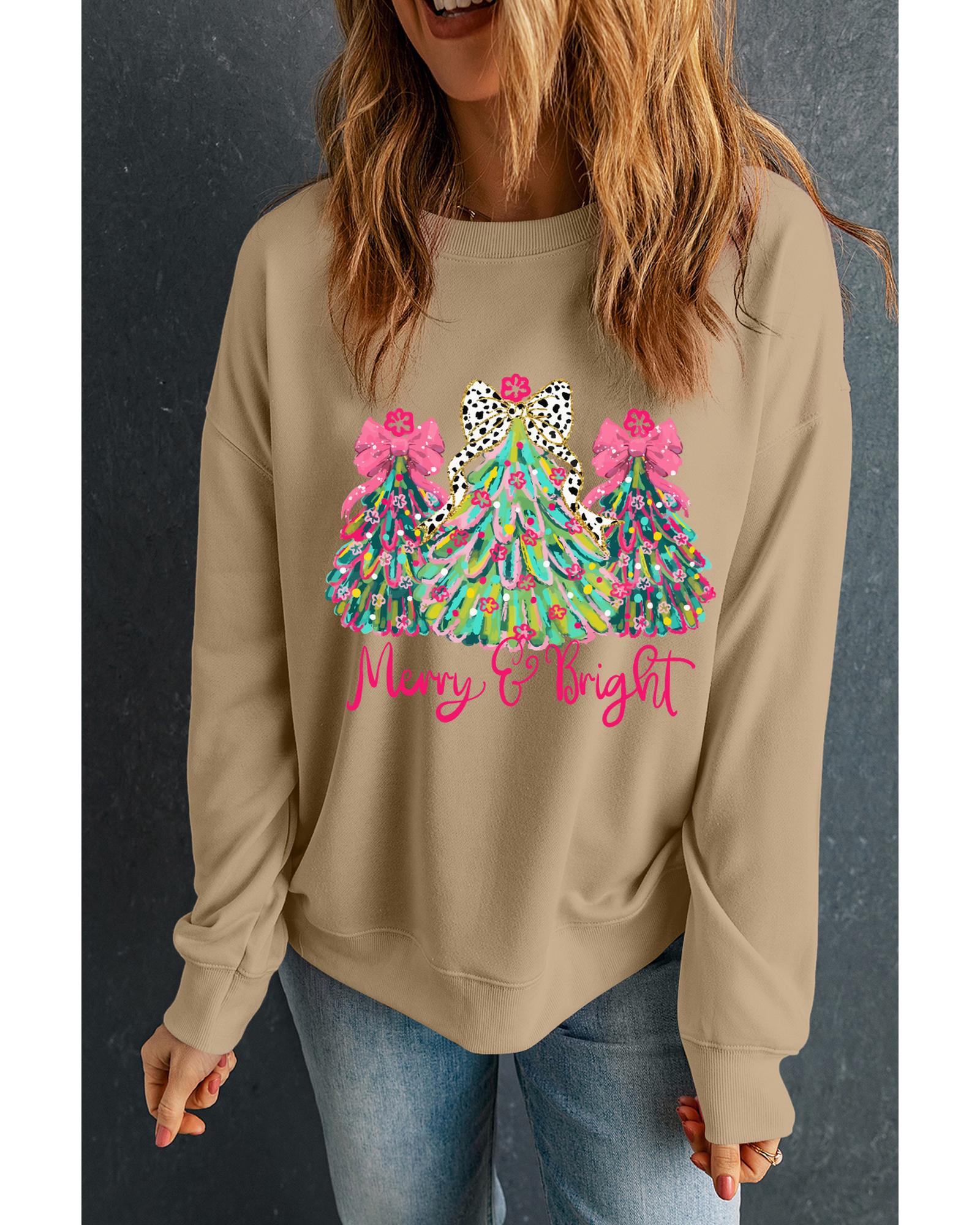 Khaki Merry & Bright Christmas Tree Print Pullover Sweatshirt