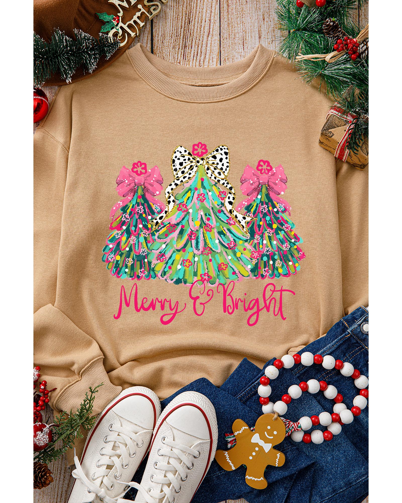 Khaki Merry & Bright Christmas Tree Print Pullover Sweatshirt - Image 2