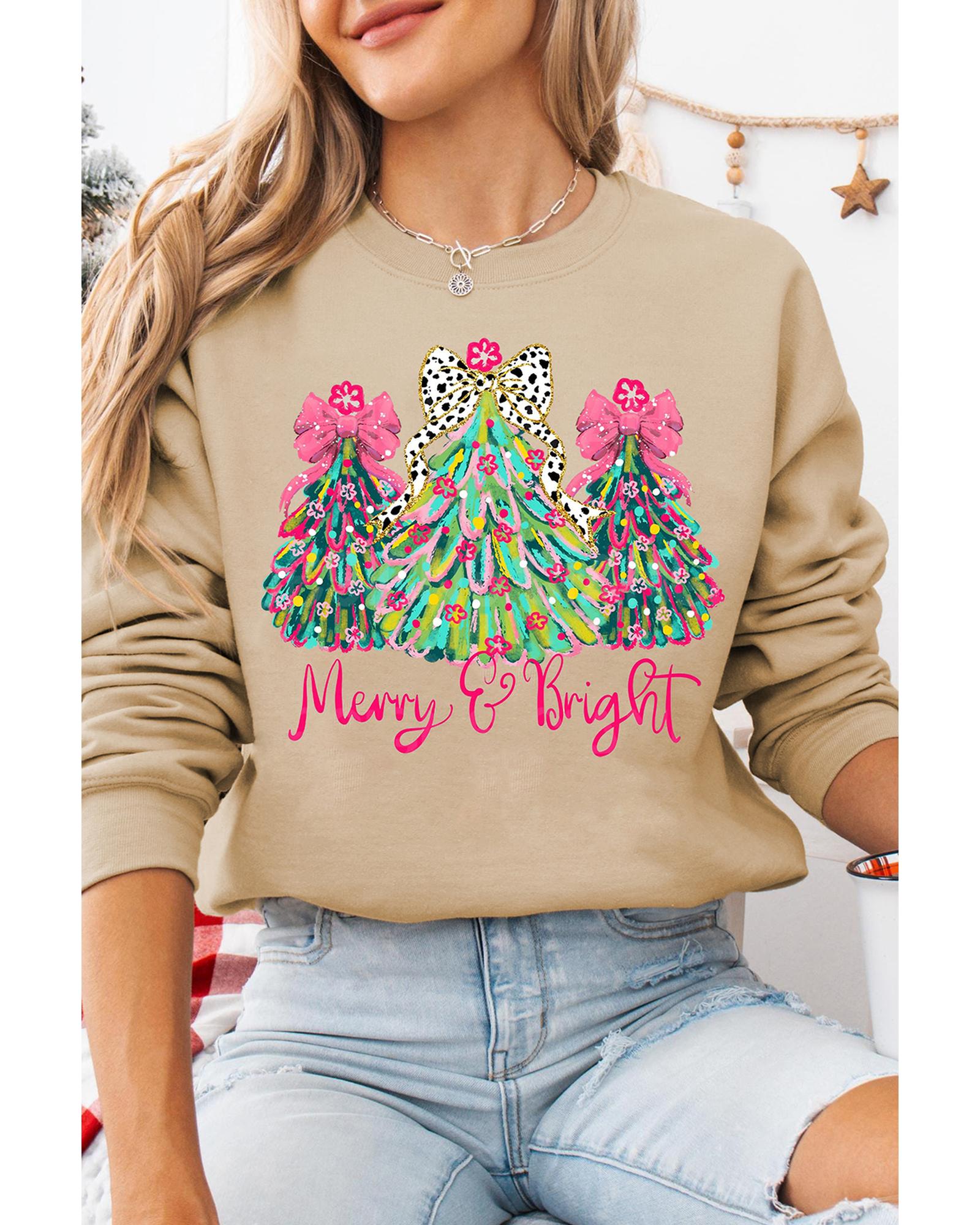 Khaki Merry & Bright Christmas Tree Print Pullover Sweatshirt - Image 3