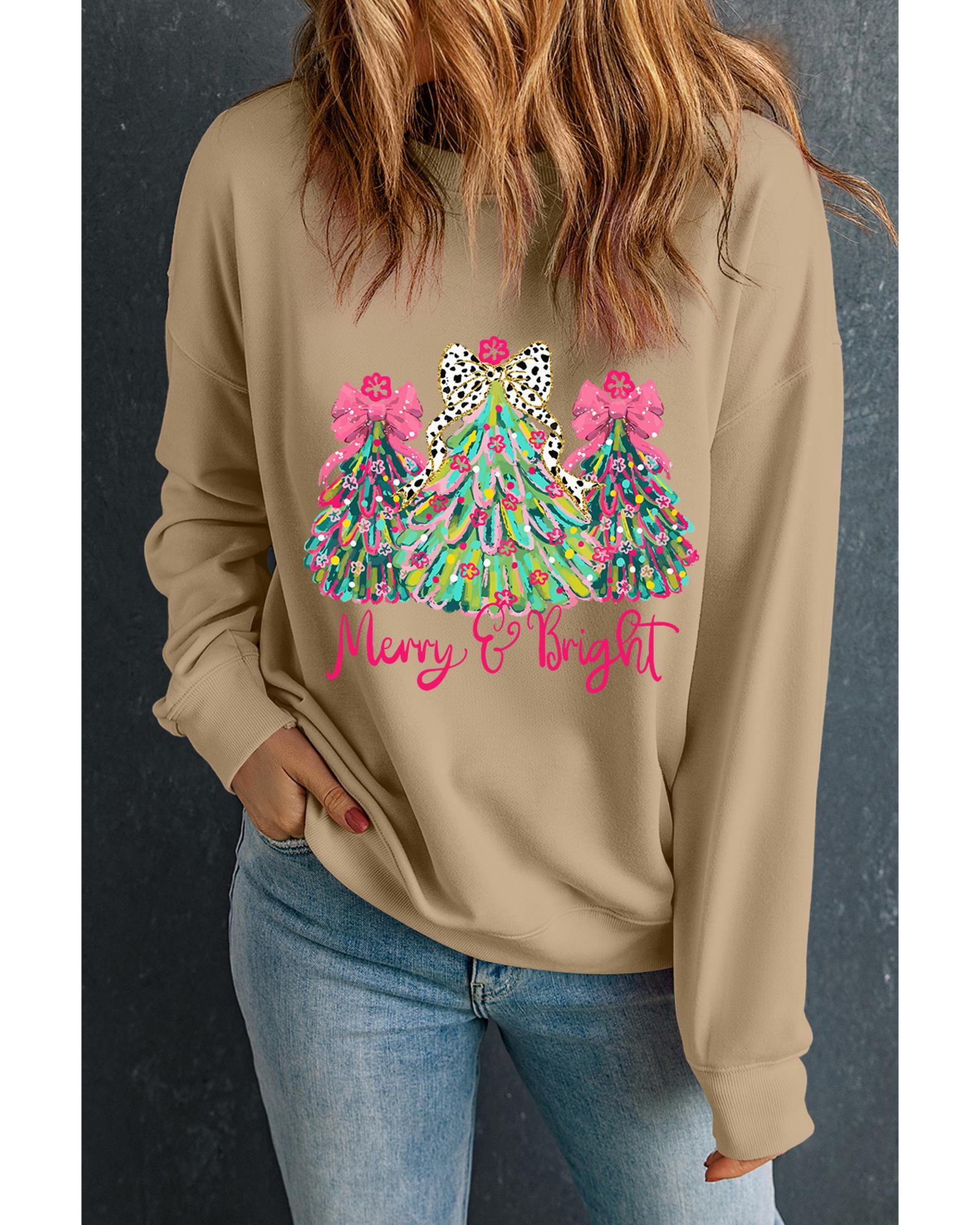 Khaki Merry & Bright Christmas Tree Print Pullover Sweatshirt - Image 5