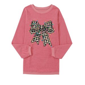 Strawberry Pink Checkered Bow Print Ribbed Crew Neck Pullover Sweatshirt