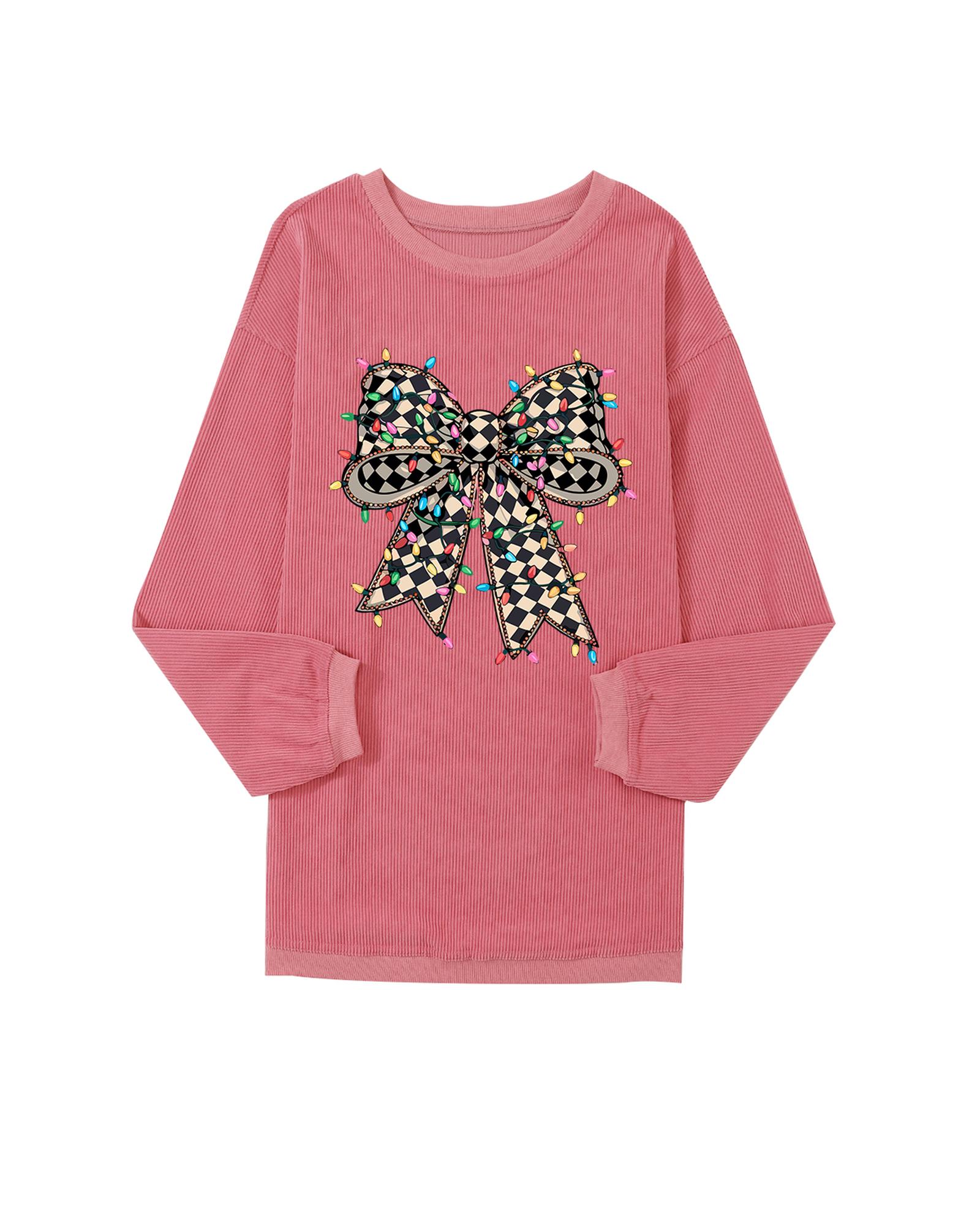 Strawberry Pink Checkered Bow Print Ribbed Crew Neck Pullover Sweatshirt