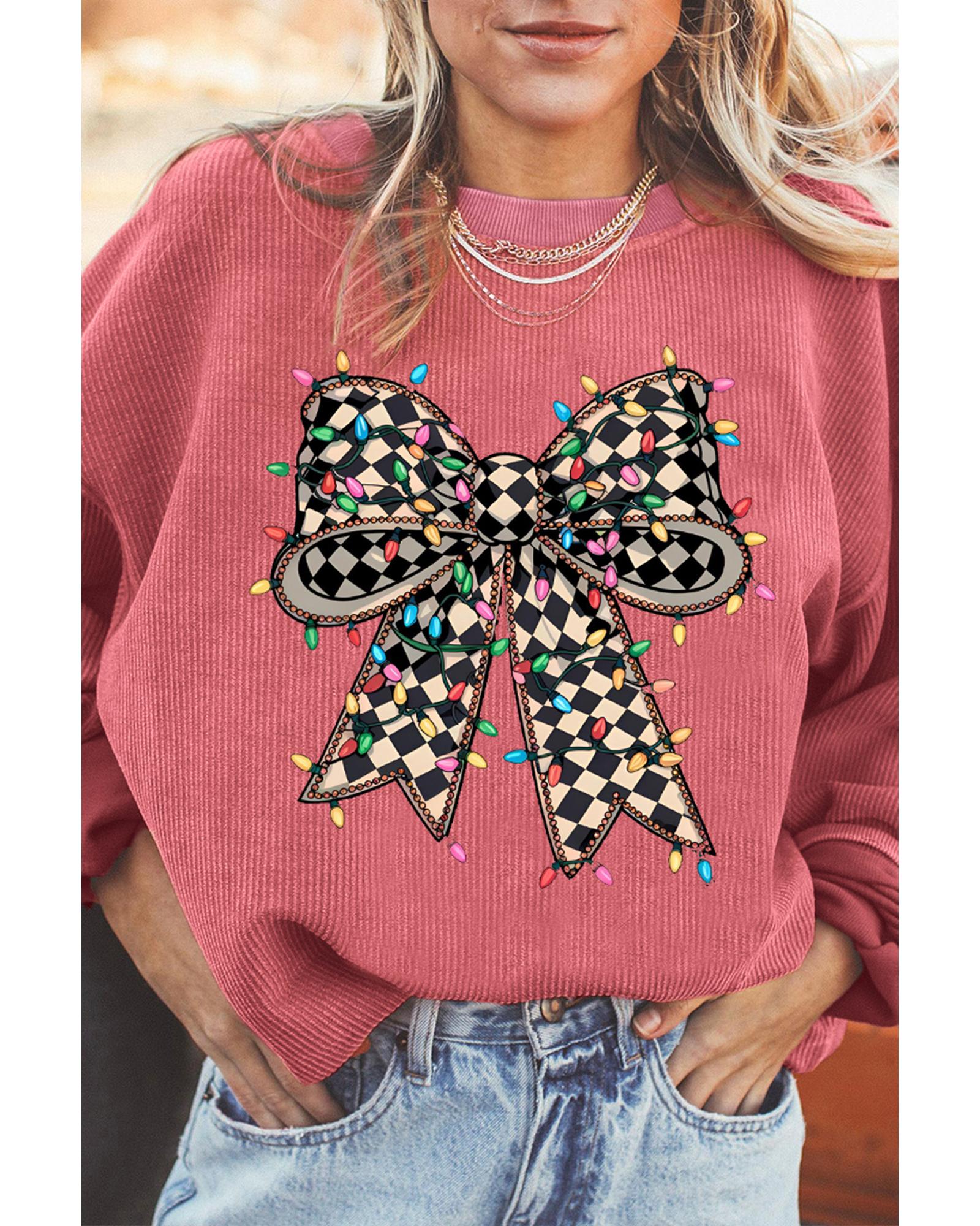 Strawberry Pink Checkered Bow Print Ribbed Crew Neck Pullover Sweatshirt - Image 2