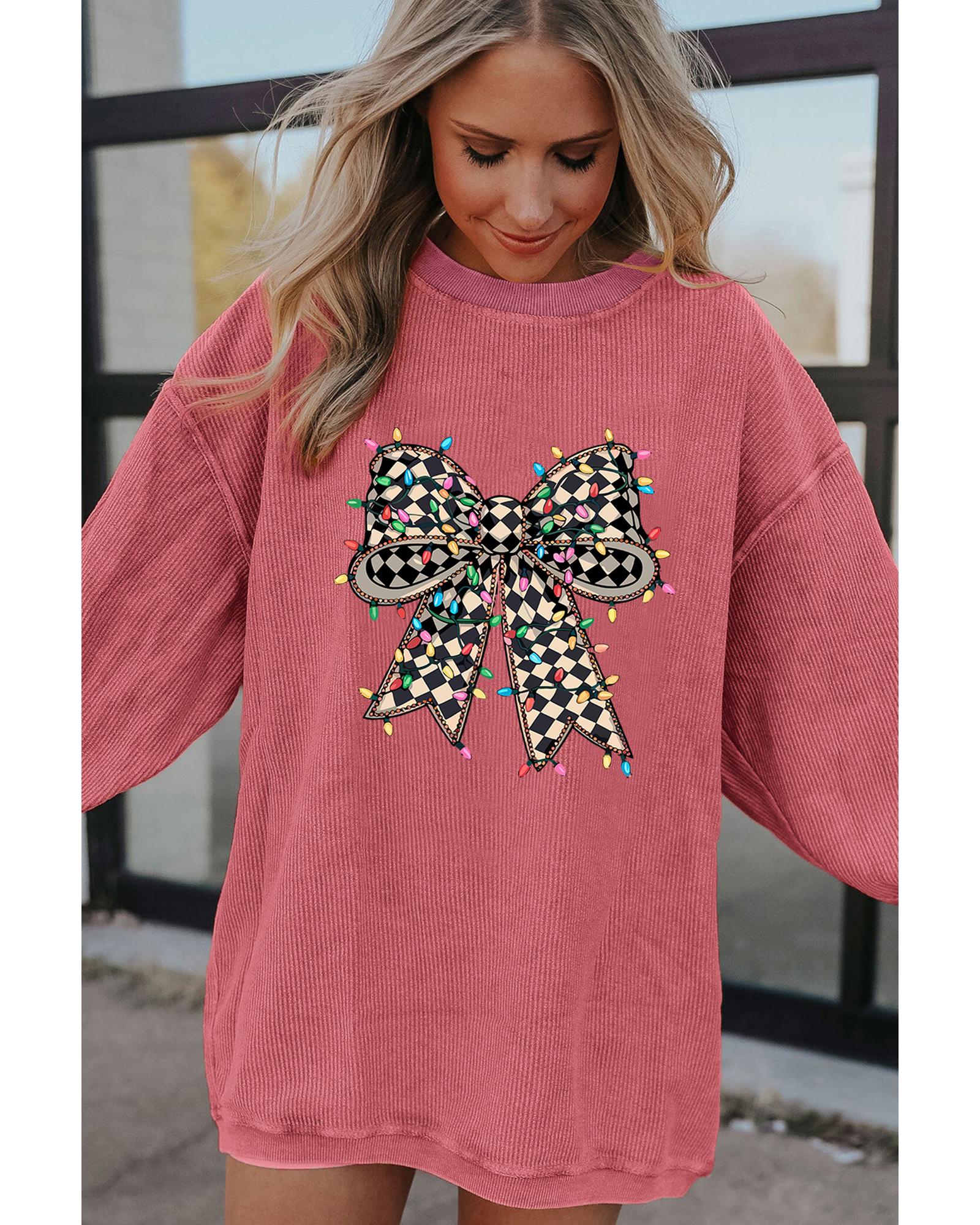Strawberry Pink Checkered Bow Print Ribbed Crew Neck Pullover Sweatshirt - Image 3