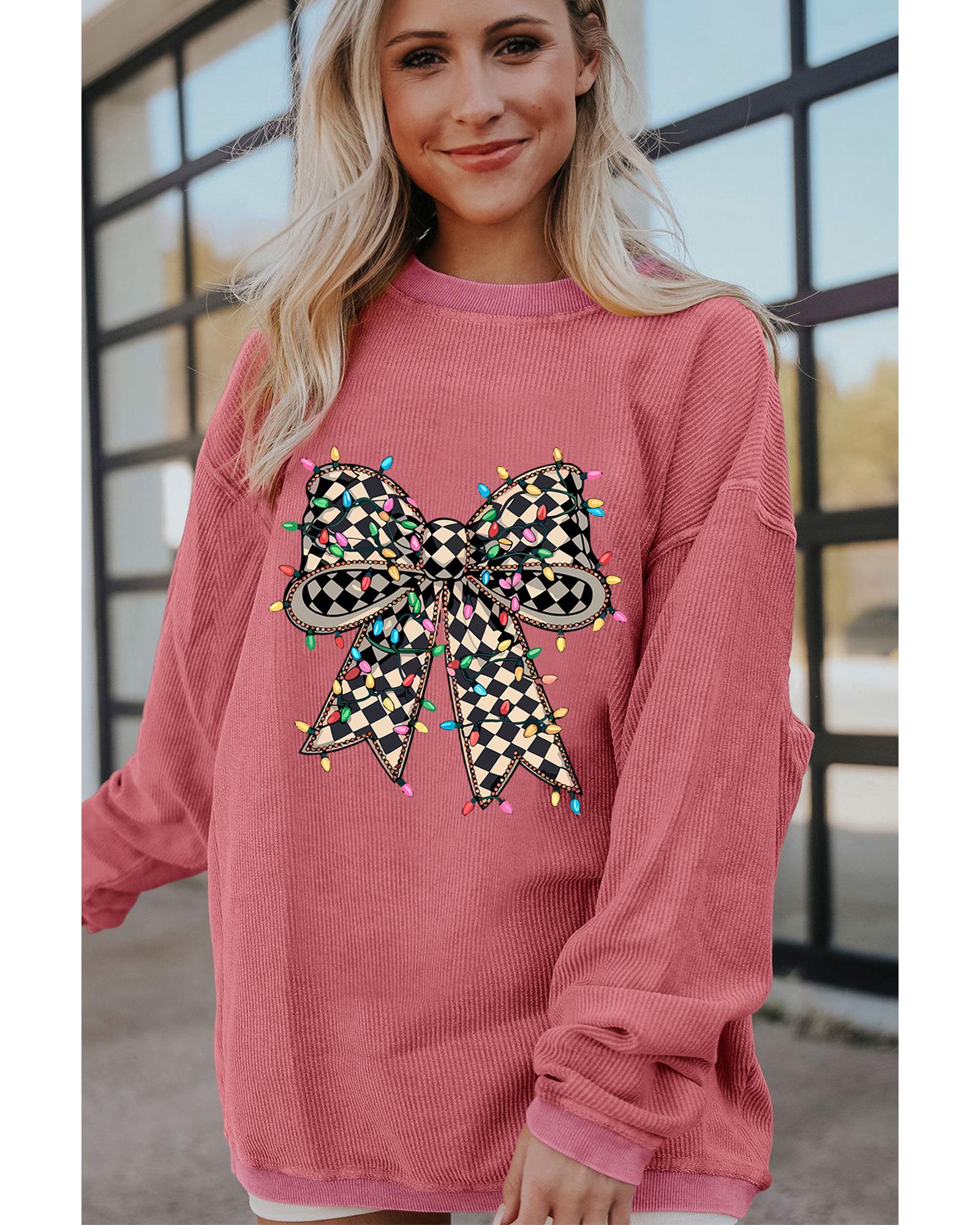 Strawberry Pink Checkered Bow Print Ribbed Crew Neck Pullover Sweatshirt - Image 4