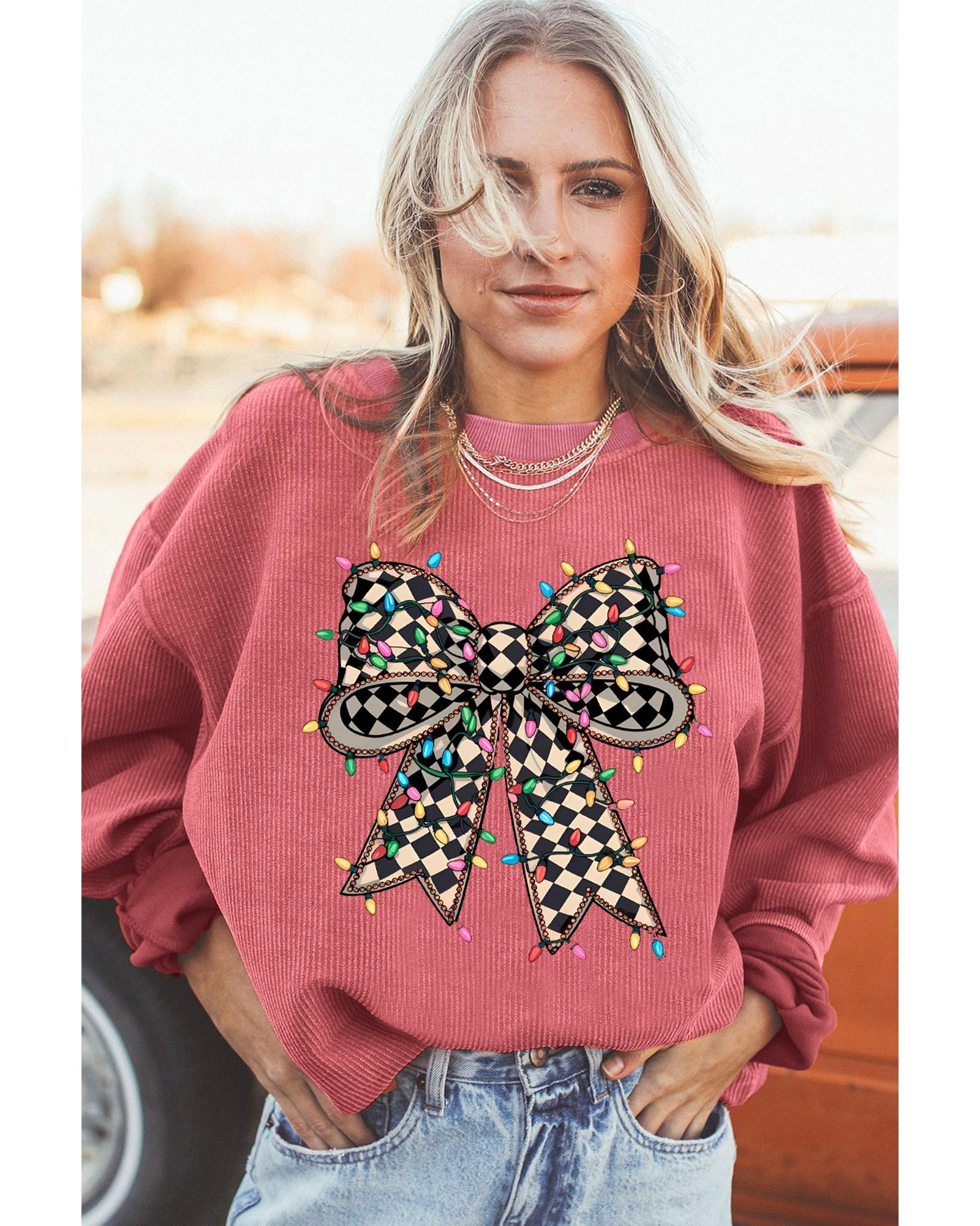 Strawberry Pink Checkered Bow Print Ribbed Crew Neck Pullover Sweatshirt - Image 5