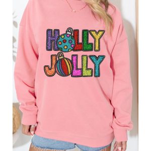 Pink HOLLY JOLLY Christmas Festive Letter Graphic Sweatshirt
