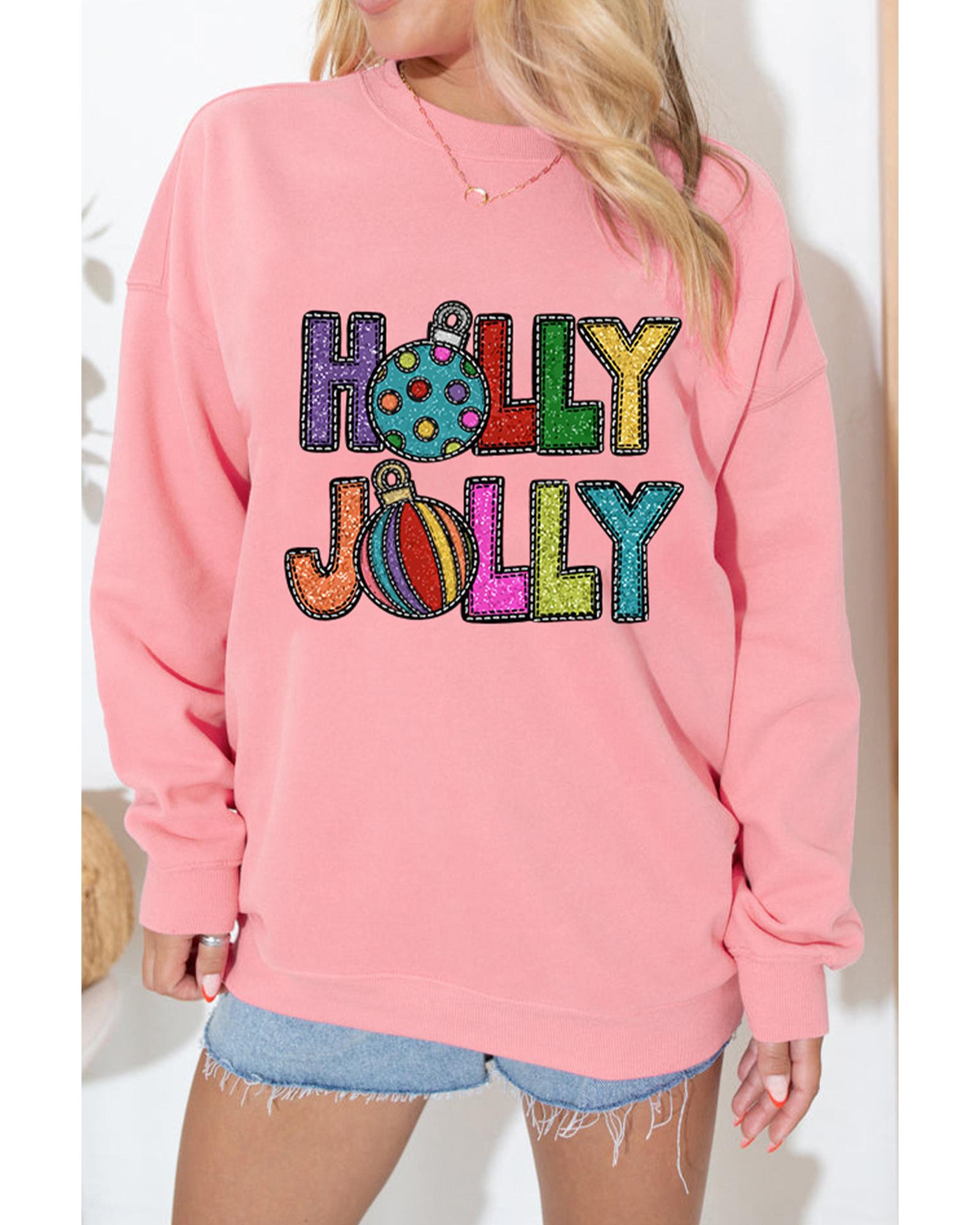 Pink HOLLY JOLLY Christmas Festive Letter Graphic Sweatshirt