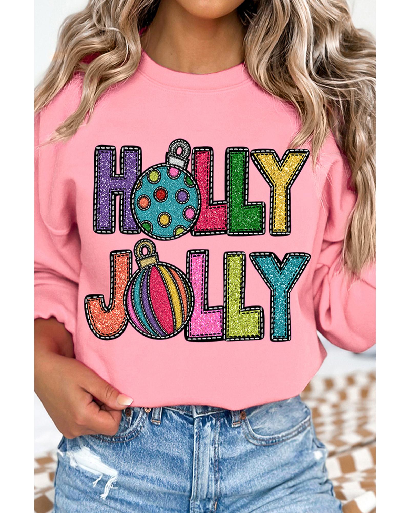 Pink HOLLY JOLLY Christmas Festive Letter Graphic Sweatshirt - Image 4