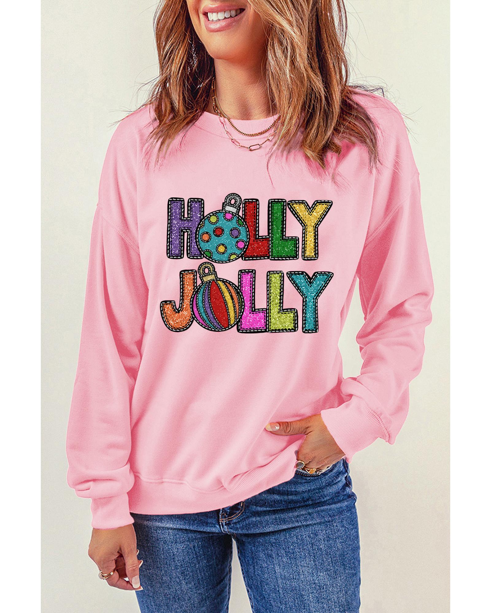 Pink HOLLY JOLLY Christmas Festive Letter Graphic Sweatshirt - Image 5