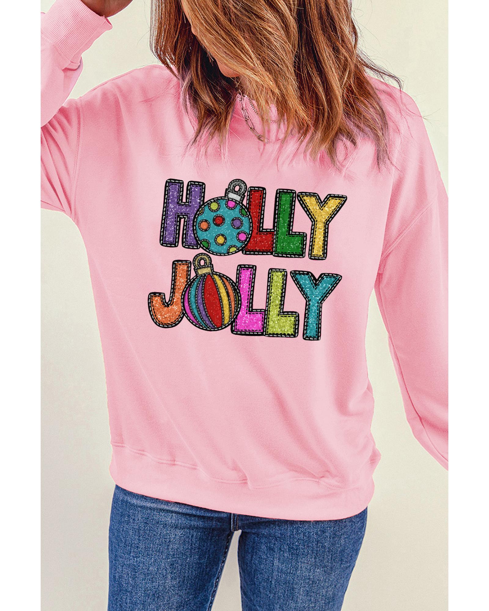 Pink HOLLY JOLLY Christmas Festive Letter Graphic Sweatshirt - Image 6