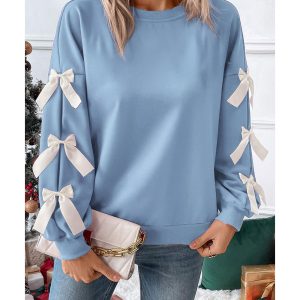 Myosotis Contrast Bow Decor Dropped Sleeve Crewneck Sweatshirt