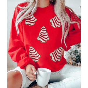 Red Playful Christmas Tree Patched Dropped Shoulder Sweatshirt