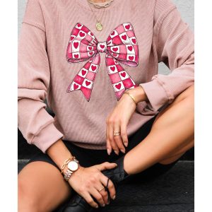 Pink Valentines Heart Checkered Bow Pattern Corded Baggy Sweatshirt